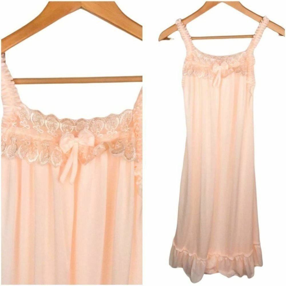 Women's Pink Lace Sheer Kawaii Slip Dress Frill Strap Ruffle Bow Intimate XS/XXS